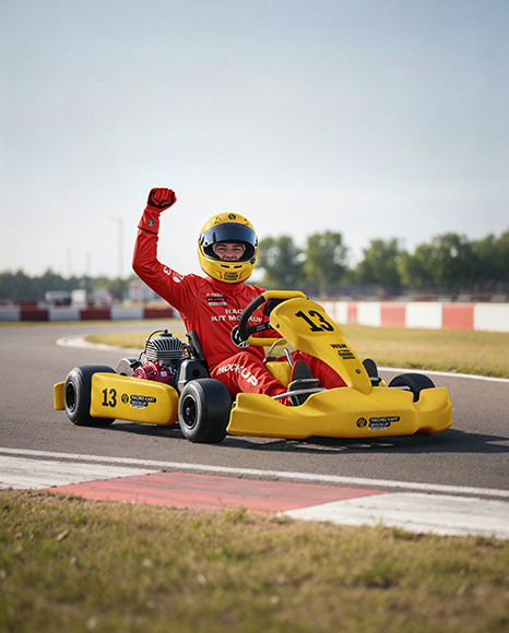 Man Wearing Full Racing Kit in Racing Kart Mockup - Auto mockup