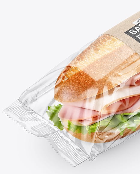 Clear Plastic Flow-Pack with Sandwich in Kraft Paper Sleeve Mockup