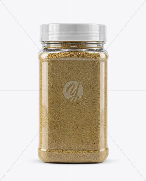 Clear Plastic Jar with Asafoetida Spice Mockup