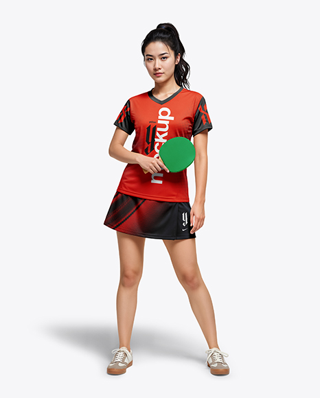 Woman Wearing Table Tennis Uniform Mockup - Children's+Uniform+Mockup