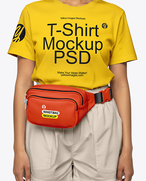 Woman Wearing T-Shirt with Fanny Pack Mockup
