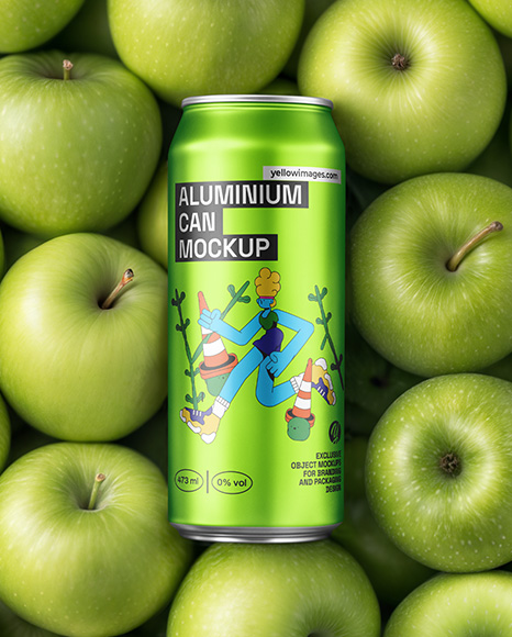 16oz Drink Can on a Stack of Green Apples Mockup - Metal can mockup