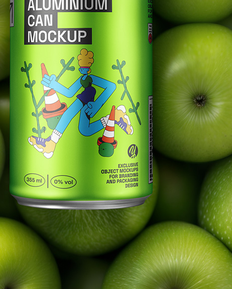 12oz Drink Can on a Stack of Green Apples Mockup