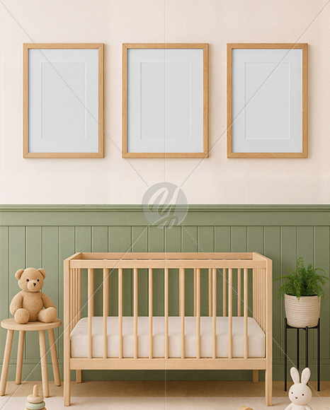 Nursery Room with Three Framed Posters Mockup