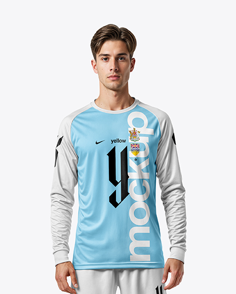 Man Wearing Long Sleeve Raglan Soccer Jersey and Shorts Mockup