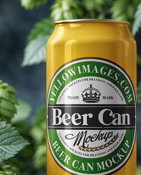Beer Can Surrounded by Hops Branches Mockup