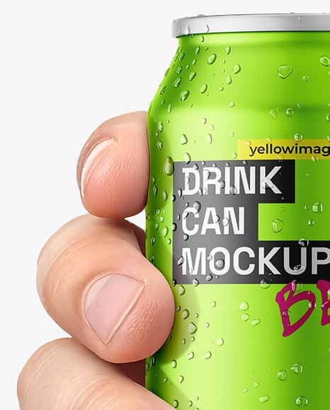 330ml Aluminium Can with Drops in the Hand Mockup
