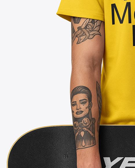 Man Wearing T-Shirt and Beanie Holding Skateboard Mockup