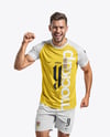 Man Wearing Raglan Soccer Jersey and Shorts Mockup
