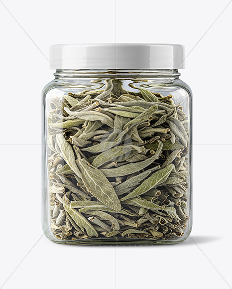 Square Plastic Jar with Sage Herb Mockup