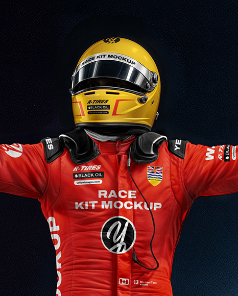 Man Wearing Racing Kit Stands on Racing Car Mockup