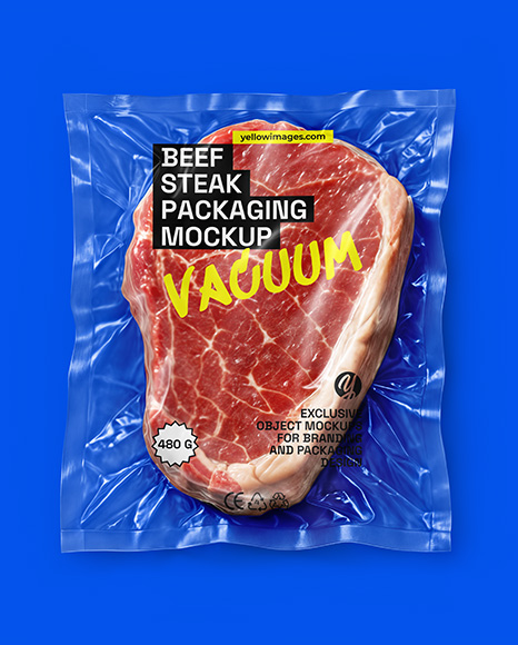 Clear Plastic Flow-Pack with Beef Steak Mockup