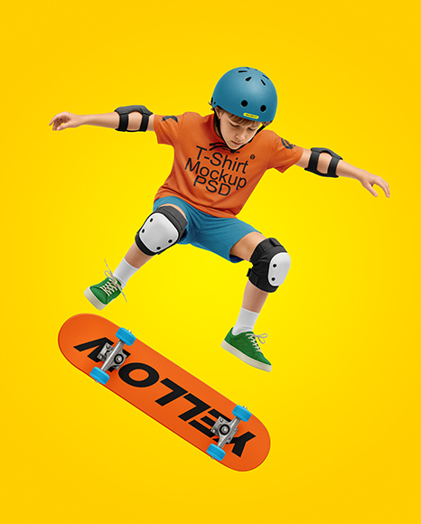 Boy Wearing T-Shirt and Shorts with Skateboard Mockup