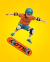 Boy Wearing T-Shirt and Shorts with Skateboard Mockup