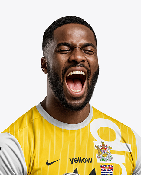 Soccer Player Wearing Jersey and Shorts Holds Cup Mockup