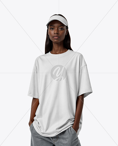 Young Black Woman Wearing Oversized T-Shirt and Visor Cap Mockup