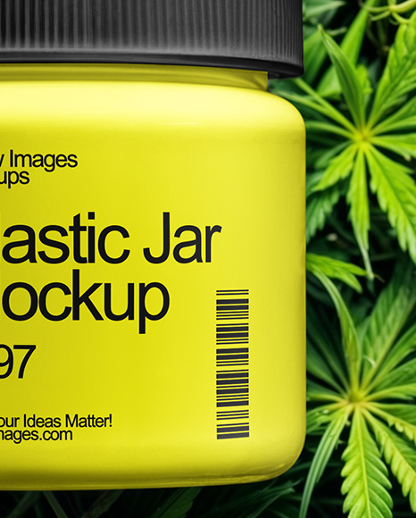 Plastic Supplements Jar on a Hemp Leaves Mockup