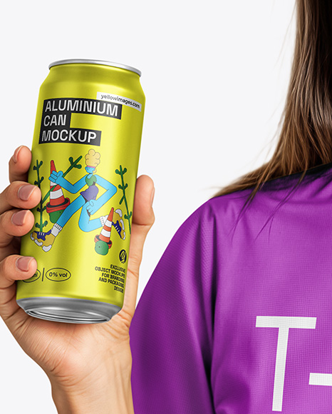 Woman Wearing a T-shirt Holding 16oz Drink Can Mockup