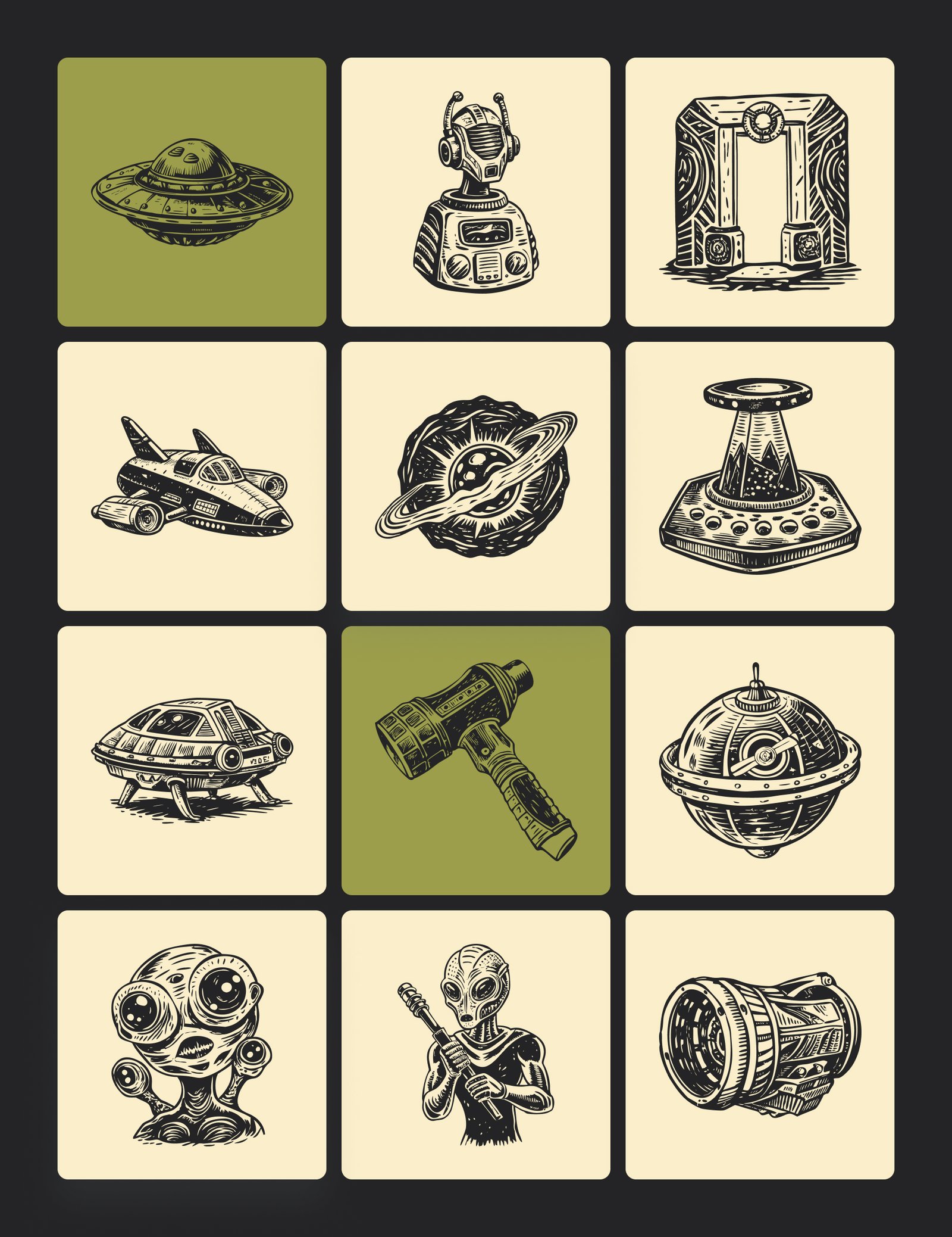 Vintage Alien Illustration Set
