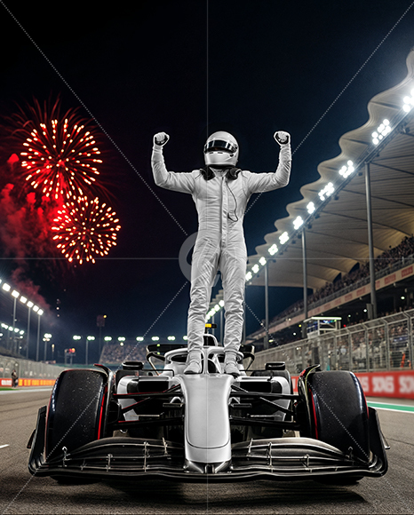 Man Wearing Racing Kit Stands on Racing Car Mockup
