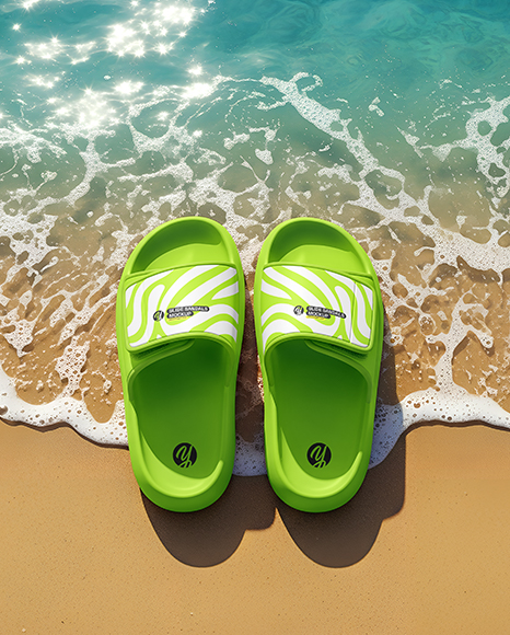 Velcro Slide Sandals on the Beach Mockup - Apparel mockups