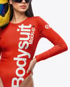Woman Wearing Bodysuit With Racing Helmet Mockup