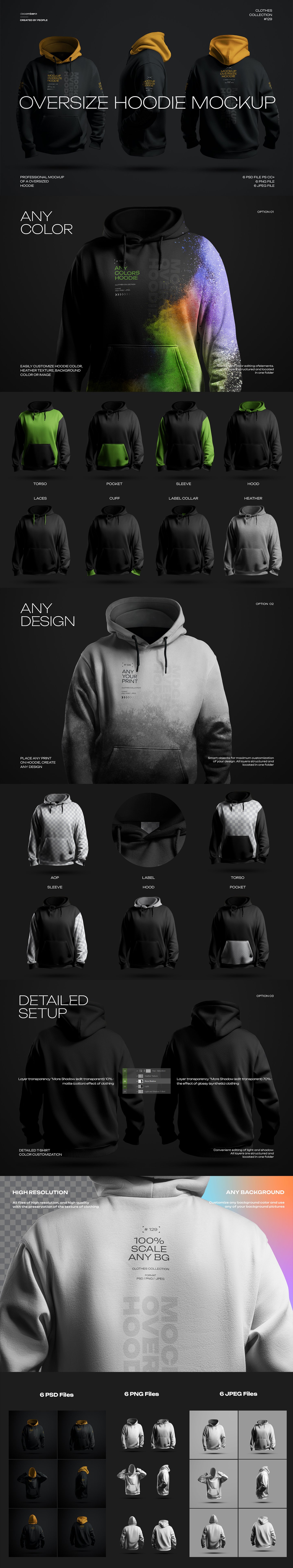 6 Mockups Oversize Hoodie in 3D Style. Dark Light. vol.02