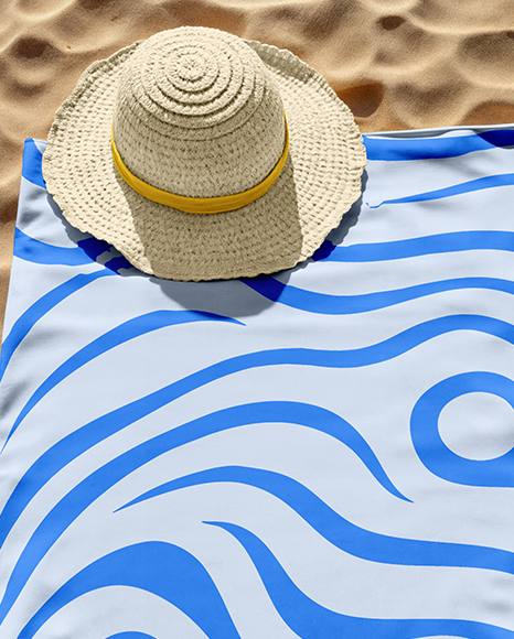 Beach Blanket with Straw Hat and Flip-Flops Mockup