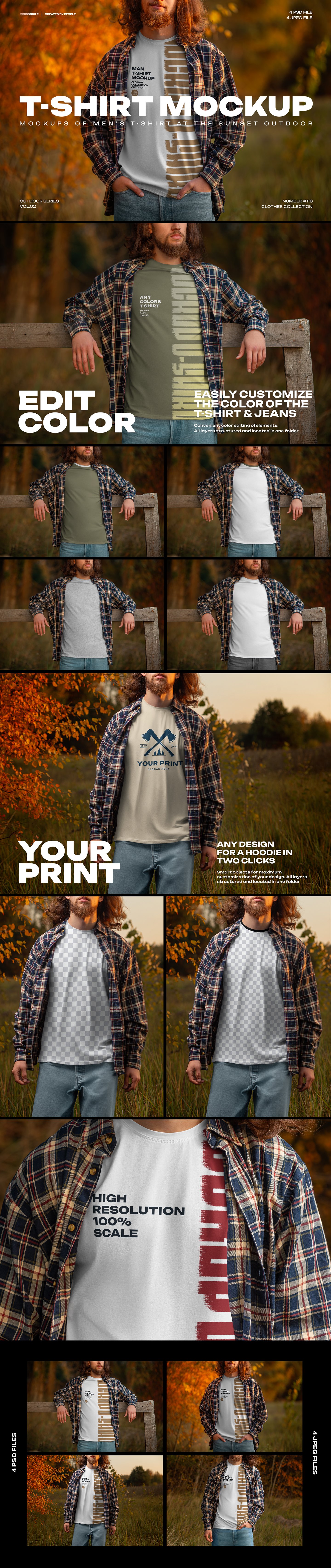 4 Mockups of Men&#039;s T-Shirt at the Sunset Outdoor. vol.02