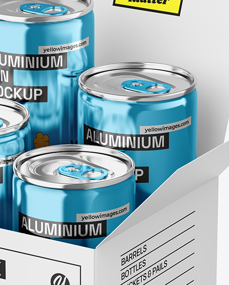 Box W/ Glossy Metallic Cans Mockup