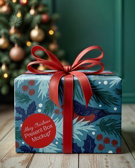Christmas Gift Box with Red Bow Mockup - Christmas mockup