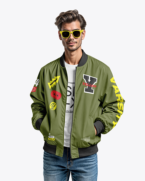 Man in Sunglasses Wearing Bomber Jacket and Jeans Mockup - Sunglasses+Mockup+-+Top+View+in+Apparel+Mockups+on+Yellow+...