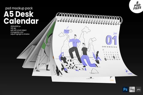 A5 Horizontal Desk Calendar PSD Mockup Set - Stationery Mockups