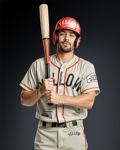 Baseball Player Wearing a Jersey and Helmet with a Bat Mockup