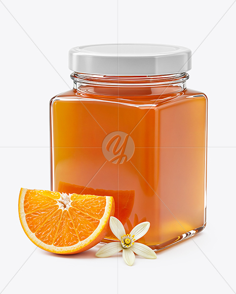 Square Glass Jar with Orange Blossom Honey Mockup