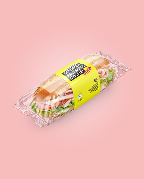 Clear Plastic Flow-Pack with Sandwich in Paper Sleeve Mockup