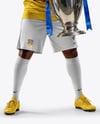 Soccer Player Wearing Jersey and Shorts Holds Cup Mockup