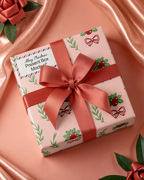 Christmas Gift Box with Pink Bow Mockup