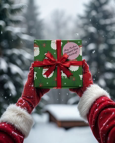 Christmas Gift Box in Santa's Hands Mockup - Christmas mockup