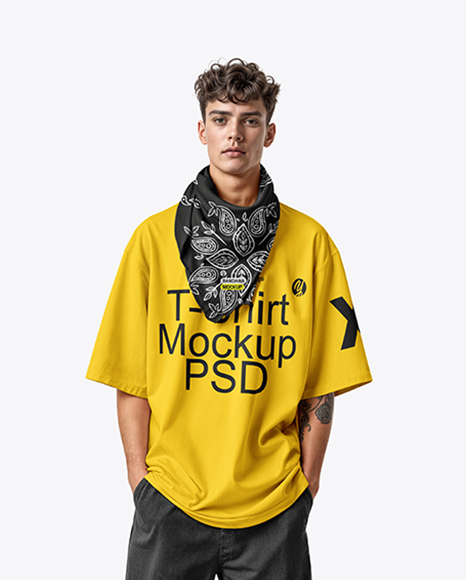 Curly Man Wearing T-shirt and Bandana Mockup - T-shirt mockup