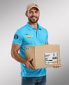 Delivery Man Wearing Polo Shirt and Cap Holding Box Mockup
