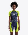Black Woman Wearing Raglan Cycling Jersey and Bib Shorts Mockup