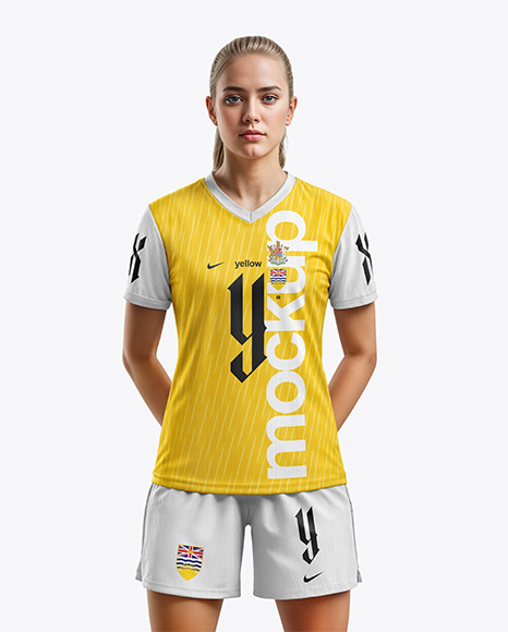Woman Wearing Soccer V-Neck Jersey and Shorts Mockup - Crew neck mockup