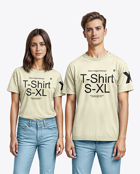 A Young Man and a Young Woman Wearing T-shirts and Jeans Mockup