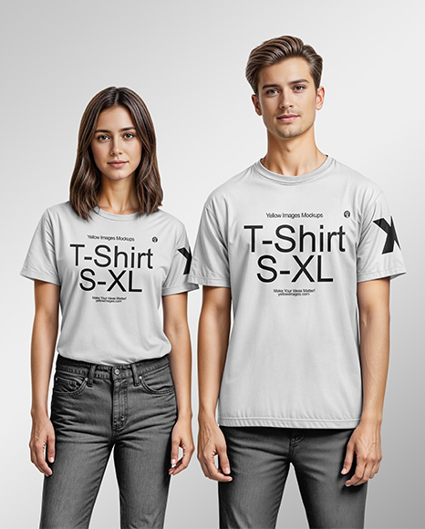 A Young Man and a Young Woman Wearing T-shirts and Jeans Mockup