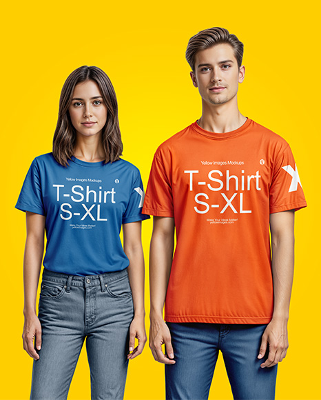 A Young Man and a Young Woman Wearing T-shirts and Jeans Mockup