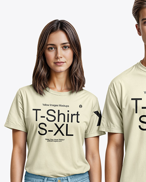 A Young Man and a Young Woman Wearing T-shirts and Jeans Mockup