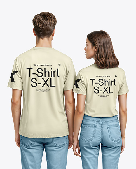 A Young Man and a Young Woman Wearing T-shirts and Jeans Mockup - Short sleeve t shirt mockup