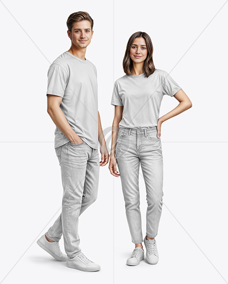 A Young Man and a Young Woman Wearing T-shirts and Jeans Mockup