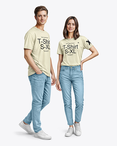 A Young Man and a Young Woman Wearing T-shirts and Jeans Mockup